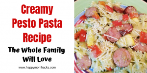Delicious Creamy Pesto Pasta Recipe with sausage & zucchini. Quick & Easy family weeknight meal. Use the recipe as a base & adjust it to your families taste. #pesto #pasta #weeknightmeal #quickdinner #easymeals