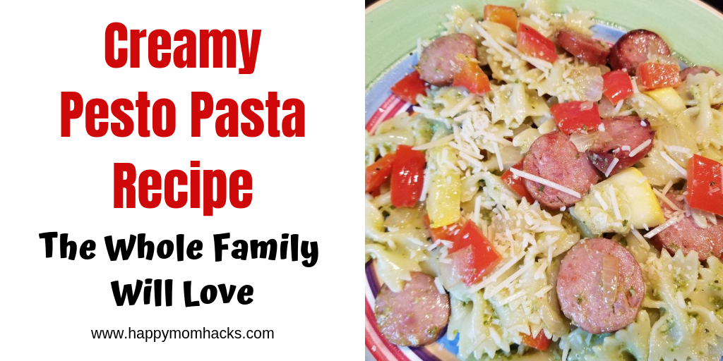 Delicious Creamy Pesto Pasta Recipe with sausage & zucchini. Quick & Easy family weeknight meal. Use the recipe as a base & adjust it to your families taste. #pesto #pasta #weeknightmeal #quickdinner #easymeals