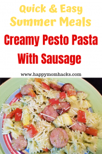 Delicious Creamy Pesto Pasta Recipe with sausage & zucchini. Quick & Easy family weeknight meal. Use the recipe as a base & adjust it to your families taste. #pesto #pasta #weeknightmeal #quickdinner #easymeals