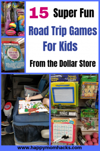 15 Awesome road trip games for kids. Find fun things to do on car rides and plane rides to keep the family busy. Save money by finding them all at the dollar store. Cool game ideas like busy bags, Disney toys, activity books, scavenger hunts and more. #roadtripgames, #traveltips, #familyvacation, #roadtrip