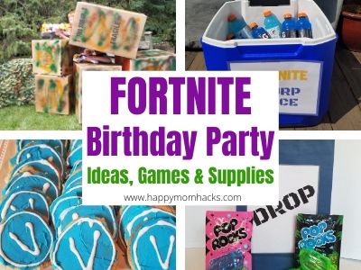 Cool Fortnite Party Ideas, Supplies and Games. How to throw a fun DIY or Virtual Fortnite Birthday Party. Plus party favors, V Bucks cookies, drop bags and everything else you need to make it a real Fortnite Party for your child. #birthday #fortnite