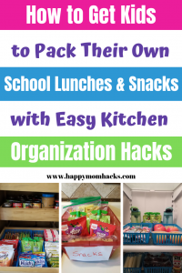 Kitchen Organizational Hacks for School Lunches & Kids Snacks. Easy DIY project and tips to help you organize your pantry and refrigerator so kids can pack their own school lunch and snacks. Use Dollar store containers or get them from Amazon. Make your life easier with these household hacks. #pantryorganization #householdhacks #organizationtips #schoollunches #kidssnacks
