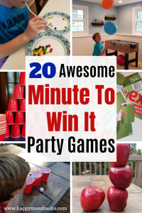 20 Unique Minute to Win It Party Games for Kids. Easy & quick games that are perfect for classrooms, birthday parties and Family game nights. Easily adjust these games for Halloween, Christmas and Valentine's Day themes. You'll be rolling on the floor laughing at these 20 fun games. #minutetowinit #familygamenight #partygames #birthdayparties #kidsgames #minutetowinitgames