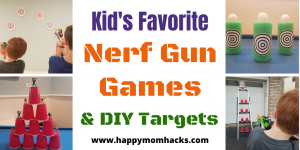 Cool Nerf Gun Games for Kids. Get fun Nerf Game Ideas like Capture the Flag and Humans vs. Zombies. Enjoy playing both indoors and outdoors with DIY Target ideas too. Perfect for Birthday Parties or just a fun afternoon. #nerf #nerfguns #nerfgames #gamesforkids #nerfbirthdayparties #birthdaygames