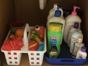 Dollar Tree Storage Ideas using a Caddy and bins under your bathroom sink.