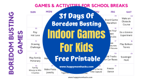 Fun Indoor Games to Entertain the kids at Home. Free Printable with 31 Days of boredom busting kids activities. Prefect for school cancellations, summer months and rainy days. #indoorgames #kidsactivities #gamesforkids #entertainmentathome