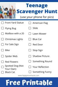 Free Printable Photo Scavenger hunt for Teens & Tweens. An exciting search through your Neighborhood for items on their checklist. See which team can find all the items first.