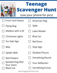 Teens & Tweens will have a blast on this fun photo scavenger hunt to take selfies for each item on the list.