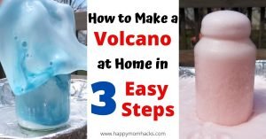 How to make a Volcano Science Experiment for kids at home. Just 3 easy steps with items you have in your house. All you need is a jar, baking soda, dish soap, food dye and vinegar. Kids will be in awe and want to do it over and over again. #scienceexperiment #stem #volcano #kidsscience #kidsactivity