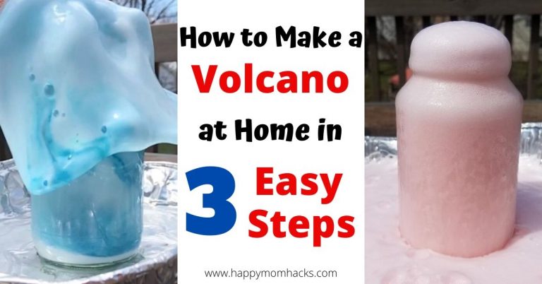 How to make a Volcano Science Experiment for kids at home. Just 3 easy steps with items you have in your house. All you need is a jar, baking soda, dish soap, food dye and vinegar. Kids will be in awe and want to do it over and over again. #scienceexperiment #stem #volcano #kidsscience #kidsactivity