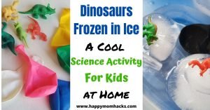 Fun Science Activity for Kids - Dinosaur Frozen Eggs to make at home. DIY science experiment for Preschool kids to elementary kids. All you need is balloons, mini dinosaurs and water. Kids will love trying to melt these dinosaurs eggs and discovering the what's inside. #dinosaurseggs #scienceexperiment #scienceactivity #frozeneggs #frozendinosaureggs