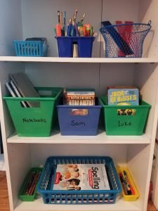 Make homework assignments less chaotic at home with a simple DIY Homework station. Use a book shelf and bins to organize all the school work your child will need in once place.