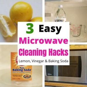 Easy Microwave Cleaning Hacks with Lemon, Vinegar and Baking Soda. All 3 are super simple way to get the stuck on food out of your microwave. All you need is 20 minutes and you'll have a clean microwave. #microwave #cleaninghacks #cleaningtips #lemon #vinegar #bakingsoda #cleanmicrowave