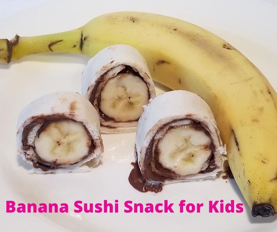 Yummy Nutella & Peanut Butter Banana Sushi Kids Snacks. A healthy after school snack for kids. This filling and quick snack will become your child's favorite after school snack. #kidssnack #bananasushi #peanutbutter #nutella #banana #healthysnack #afterschoolsnack