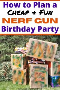 Cheap Nerf Gun Birthday Party Ideas for Kids. Find fun games ideas & battlefields you can create at home. Plus decorations, party favors, and cool nerf targets. A full time line and how to plan the Ultimate Nerf Wars Birthday Party. #nerfgun #nerfbirthdayparty #nerfwars #nerftargets #cheapbirthdayparty #boybirthdayparty #nerfgunparty