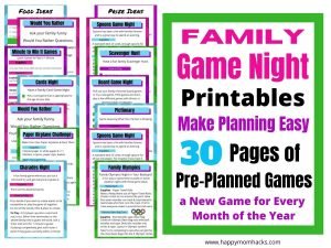 Family Game Night Planner a 30 Pages Printable. Everything you need to plan a family game night every month for a year. 12 cool game nights kids and parents will love. Print it out and have the best family night at home.
