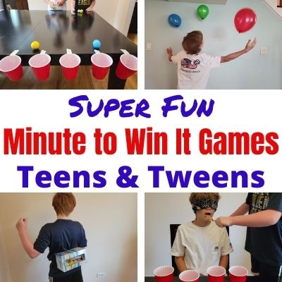 Fun New Minute to Win It Games to Play with Teens & Tweens age 10-18 years old. Quick challenges perfect for kids parties, holiday parties, school functions and family game night. Easy games with supplies you most likely have at home already. Pull these out and get your hard to please teenagers engaging and laughing with everyone.