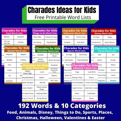 Free Printable Charades Ideas for Kids. A fun family game with 10 Charades categories & words lists.
