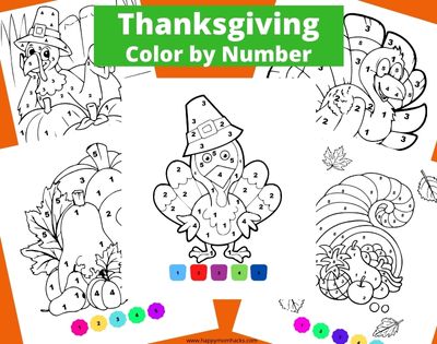 Fun Free Printable Thanksgiving Color by Number coloring pages for kids.