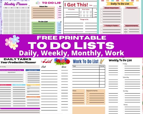 Free printable daily to do list and weekly to do list to plan out your list of tasks and get organized. You'll also find montly to do lists, productivity planner, blank to do list and work to do lists.
