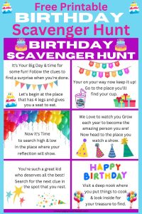 Make this birthday extra special with a Birthday Scavenger Hunt to find kids gifts this year. Use this free printable birthday scavenger Hunt clues to plan the hunt in your house. They will be so excited!!