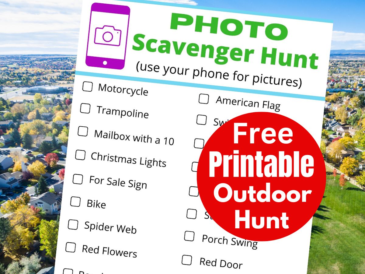 Plan a fun photo scavenger hunt for kids with this free printable checklist of outdoor scavenger hunt ideas kids and adults will enjoy.