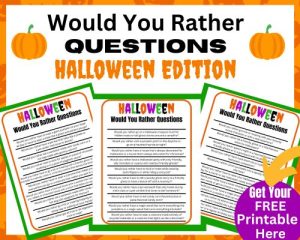 30 Funny Would You Rather Halloween Questions for Kids. Play this fun party game at Halloween parties or in the classroom. Just grab your free printable questions and start playing today.