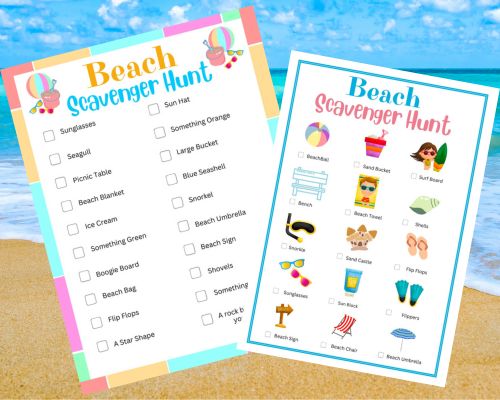 Free Printable Beach Scavenger Hunts for kids with a picture scavenger hunt and a beach scavenger hunt checklist. A fun beach activity for kids on beach vacations with family.