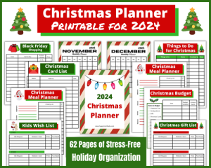 Get ready for the Holidays with the Ultimate 2024 Christmas Planner. 62 organizational pages like Gift lists, calendars, Christmas budget, To Do List, Christmas meal planner, party planner, holiday games and more. Everything you need to be ready for the Christmas Season.