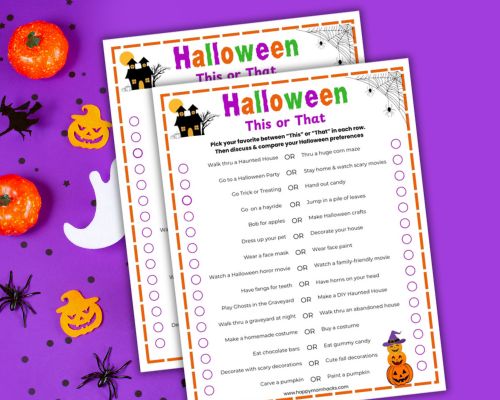 Free Printable Halloween This or That Questions for kids, teens & adults. An easy Halloween party game with funny would you rather questions families can debate and answer at Halloween parties, classroom parties, office parties or family game nights.