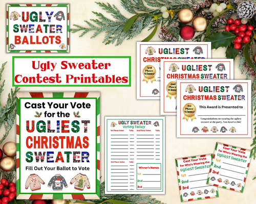 Plan your Ugly Christmas Sweater Party with this Ugly Sweater printable contest bundle. Instant download voting ballots, awards certificates, ballot box signs, Cast Your vote sign and voting tally. Plus contest ideas to help you host your Christmas party this holiday season.