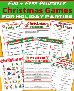 Free printable Christmas Games for holiday parties. 12 fun holiday party games you can just print and play with Christmas Family Feud, Trivia, This or that, Christmas Bingo, Charades, Pictionary, Scavenger Hunts, Would You Rather Questions and more.