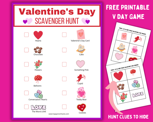 Fun Valentine's Day Scavenger Hunt game for kids with a free printable Scavenger Hunt checklist and image clues to hide. Perfect for classroom activities and party games at home.