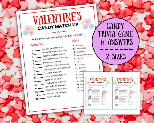 Fun Valentine's Day Candy Match Up game for Valentine's Day parties in the classroom, home or office parties.