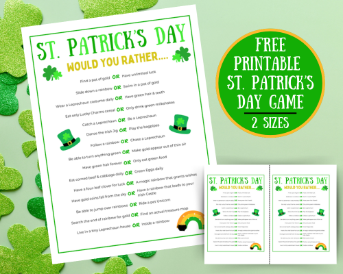 Grab this Free printable St. Patrick's Day game with hilarious St. Patrick's Day Would You Rather questions. Great conversations starters for classroom parties, St. Patrick's Day parties or family game nights.
