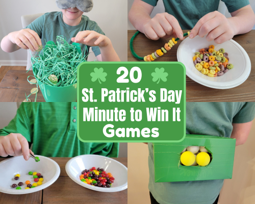 20 Silly St. Patrick's Day Minute to Win it Games for kids, teens and adults to play at St. Patrick's Day parties, classrooms or family games at home. Simple to make 60 Second challenges that will get players talking and laughing.