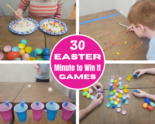 30 Easy Easter Minute to Win It Games for kids, teens and adults. Hilarious one minute games to complete in 60 second challenges at Easter parties, Classroom parties, chruch games, Sunday school or as family games on Easter Sunday.