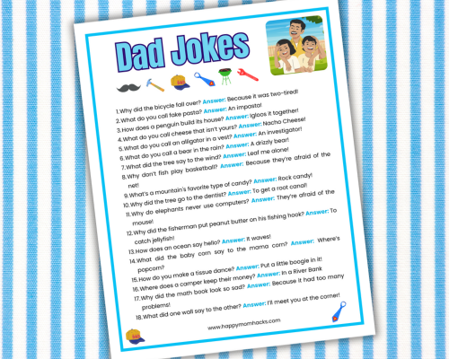 Get kids laughing with funny dad Jokes for kids. Enjoy these free printable corny dad jokes at Father's Day Parties, Family BBQ's, Family Reunions, Family dinner time or a fun family game night at home. Just print and read the silly jokes to the whole family.