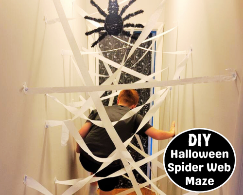 Learn how to make a DIY Halloween Spider Web maze. A cool indoor hallway obstacle course for Halloween parties, classroom parties or rain day activities at home in October.