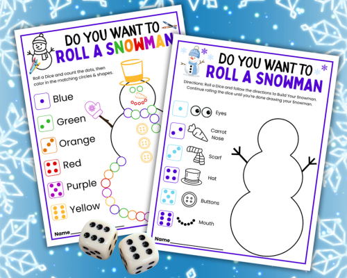 Printable Roll A Snowman game for kids. A fun dice game that will have kids build a snowman with every roll of the dice. A fun winter activity for classrooms, winter birthday party game, Christmas game, or fun coloring activity at home.