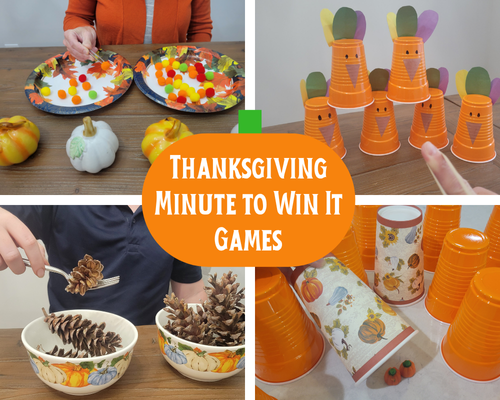 Easy & Funny Thanksgiving Minute to win it Games for kids, teens and adults. 43 Quick 60 second challenges to play as family games on Thanksgiving Day, as Friendsgiving games, classroom games, teen youth group games, office games or family game nights. See if you can be the 1 minute timer to win the Thanksgiving-themed games!