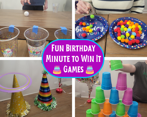 50 Easy and fun Minute to Win it Birthday party games that kids, teens and adults will have fun playing. Unique birthday themed 60 second challenges that are the perfect birthday games to engage all ages at birthday celebrations. Group games that will have friends and family racing to beat the clock.