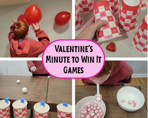 Quick and hilarious Valentine's Day Minute to Win It Games for kids, teens and adults. Funny Valentine's Day games with silly 60 second challenges with conversation heart candy games, balloon games, junk in the trunk, heart pong, chopstick games and more. Fun party games for Valentine's Day parties, Classroom parties, office parties, Teen Valentine's Parties, and family game nights.