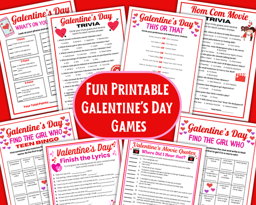 Grab these printable Galentine's Day games for Galentine's Day parties and Valentine's day parties to entertain your friends. Fun Valentine's Day trivia, Rom com Movie trivia, Movie quotes game, Find the Girl Bingo game, Finish the Lyrics song game, Would You Rather game and more Galentine's games for teens and adults.