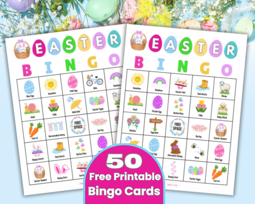 50 Fun Free Printable Easter Bingo Cards and calling cards to play this Easter with kids, teens and adults. An easy print and play Easter party game for classrooms, as Easter Sunday games, Sunday school games, youth group games, church group games or family game nights. With two sizes to print it's the perfect game for small or large groups. Just download, print and play at your next Easter celebration!