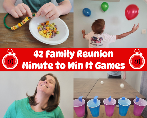 42 Family Reunion One minute games with 60 second challenges to play as family reunion games. Fun & hilarious Minute to Win it games all ages can play together at family BBQ, family picnics, family reunion parties, family game nights or family holiday parties. Includes family games like Junk in the Trunk, cookie face, Movin up, relay race, defying gravity, ping pong games, penny stack, watermelon ninja & more.