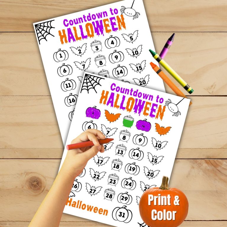Fun printable Halloween Countdown Calendar for kids. A cute Halloween coloring page to help kids track the days until Halloween at home or as a classroom Halloween activity.